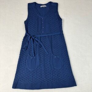 Catwalk Studio Blue Knit Pointelle Sleeveless Dress Button Front Pocketed Mini
